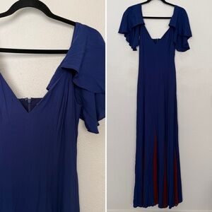 Staud Navy Flutter Sleeve V Neck Gown With Maroon Panel Detail